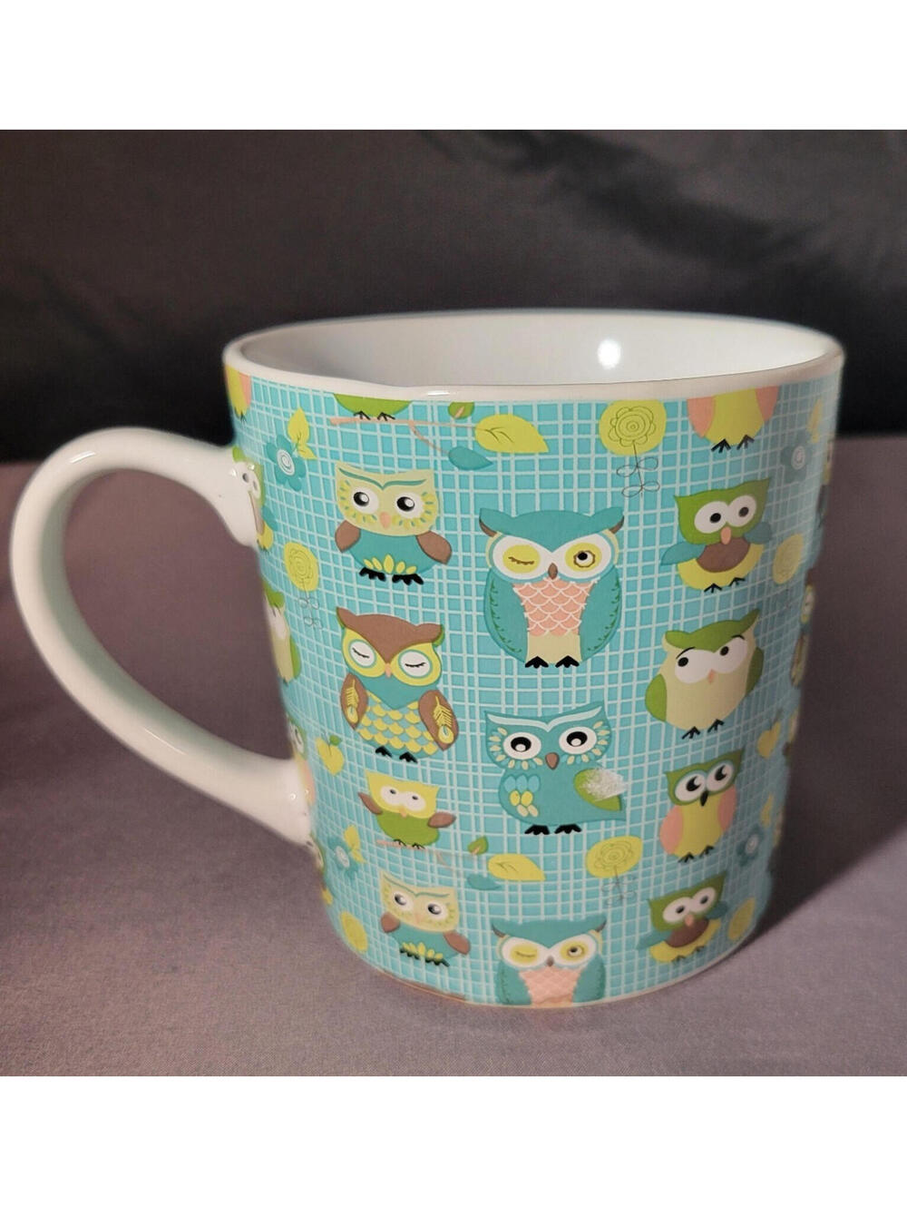 THL Owl Coffee Mug Green Turquoise Multiple Assorted Owls All Over Design 4"